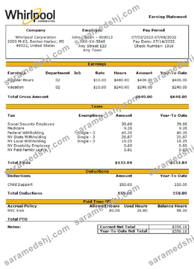 USA Whirlpool Corporation commercial company pay stub